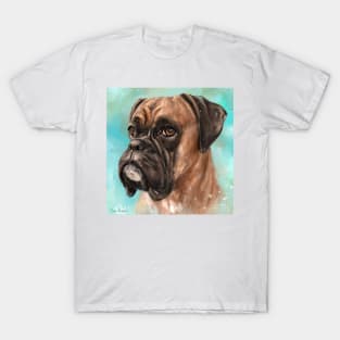 Painting of a Brown Coated Boxer Dog Looking Serious on Light Turquoise Background T-Shirt